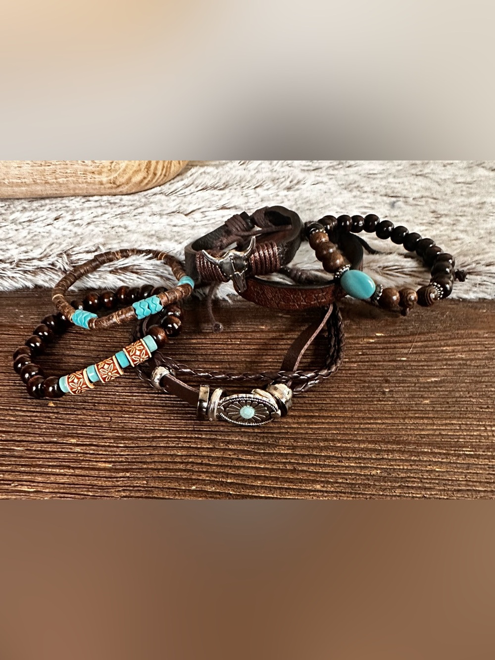 Leather and Beaded Bracelet Set in Brown with Turquoise Accents